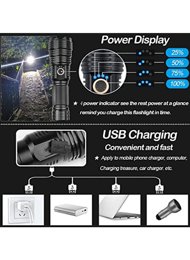 SYOSI - Rechargeable LED Glare Flashlight, High Lumens Flashlight, 5 Modes XHP70 Tactical Flashlight with Zoomable, Super Bright Waterproof Flashlights for Emergencies, Camping, Hiking - Image 1