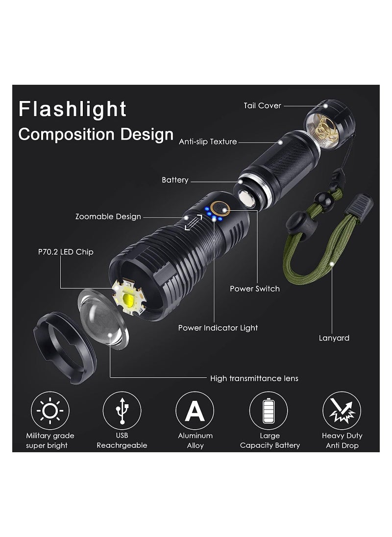 SYOSI - Rechargeable LED Glare Flashlight, High Lumens Flashlight, 5 Modes XHP70 Tactical Flashlight with Zoomable, Super Bright Waterproof Flashlights for Emergencies, Camping, Hiking - Image 1