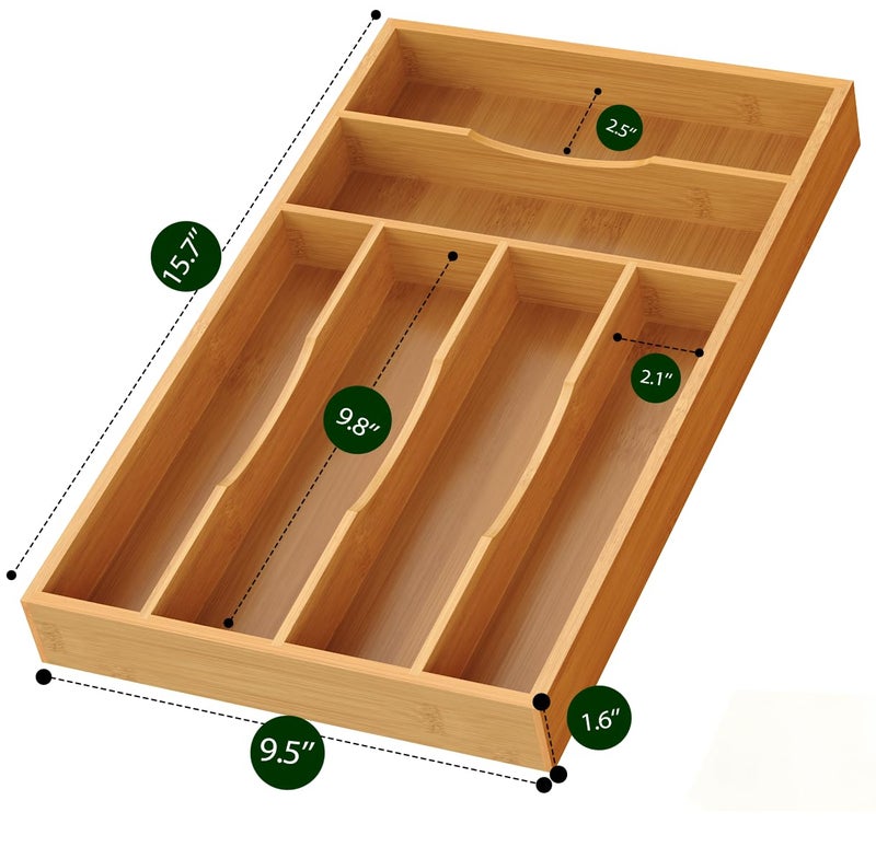 Bayting Bamboo Silverware Organizer, Bamboo Kitchen Drawer Cutlery Organizer, Utensil Holder, Flatware Organizer Tray (15.8"x9.5"x1.6") - Image 2