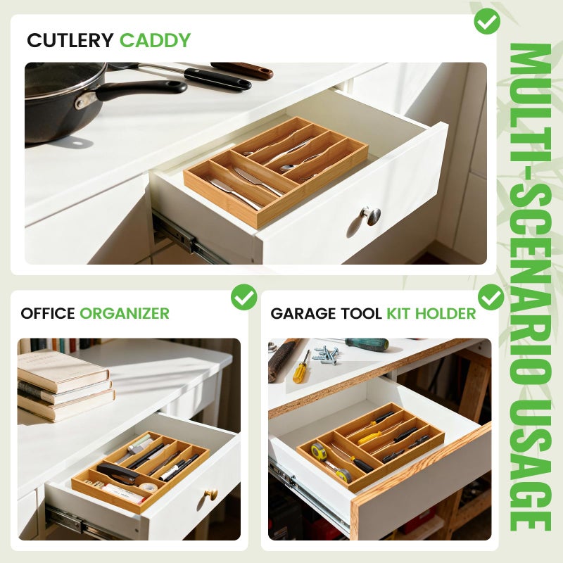 Bayting Bamboo Silverware Organizer, Bamboo Kitchen Drawer Cutlery Organizer, Utensil Holder, Flatware Organizer Tray (15.8"x9.5"x1.6") - Image 5