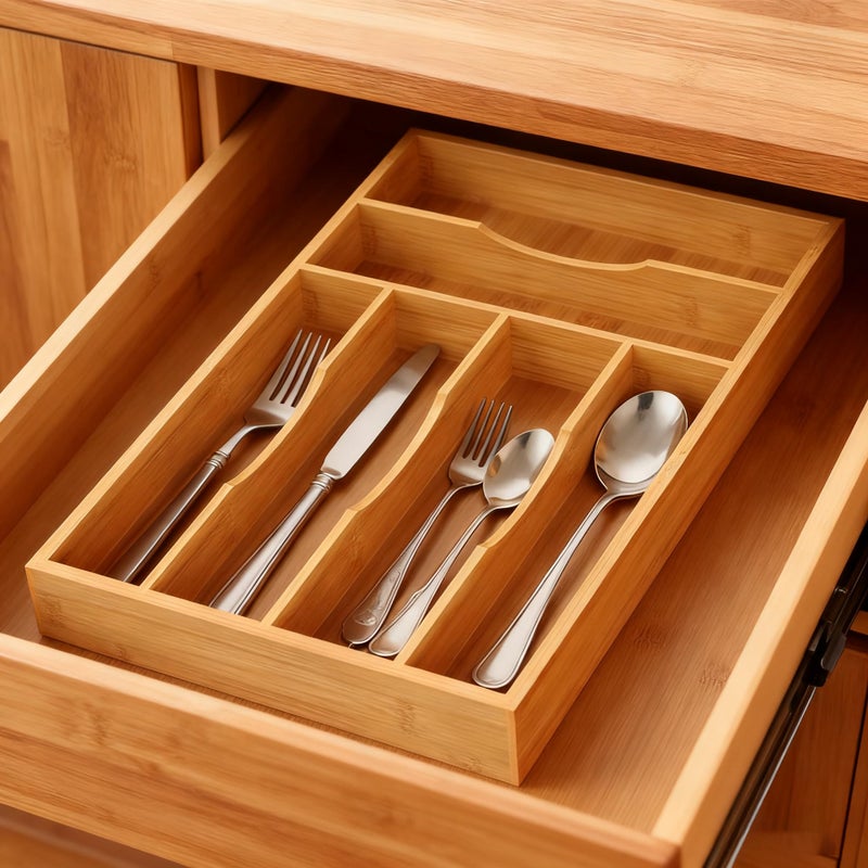 Bayting Bamboo Silverware Organizer, Bamboo Kitchen Drawer Cutlery Organizer, Utensil Holder, Flatware Organizer Tray (15.8"x9.5"x1.6") - Image 3