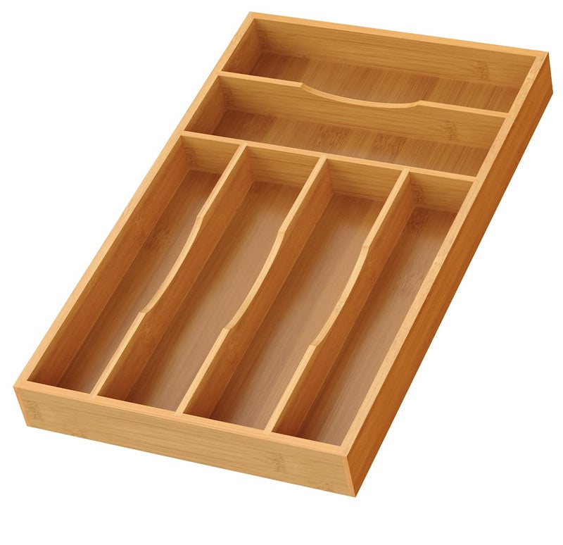 Bayting Bamboo Silverware Organizer, Bamboo Kitchen Drawer Cutlery Organizer, Utensil Holder, Flatware Organizer Tray (15.8"x9.5"x1.6") - Image 1