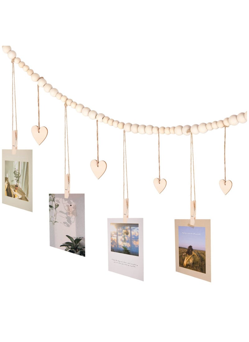 Hanging Photo Display Room Wall Decor, Boho Collage Picture Frame Cards Holder, Photo Hanger with 9 Wood Clips and 6 Wooden Hearts Tags for Home, Bedroom, Office, Nursery, Dorm Decor  - Image 5