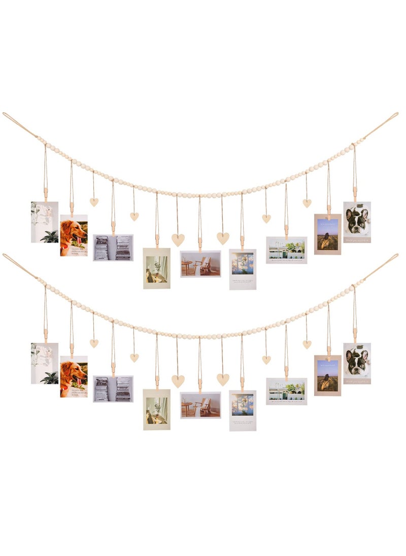 Hanging Photo Display Room Wall Decor, Boho Collage Picture Frame Cards Holder, Photo Hanger with 9 Wood Clips and 6 Wooden Hearts Tags for Home, Bedroom, Office, Nursery, Dorm Decor  - Image 1