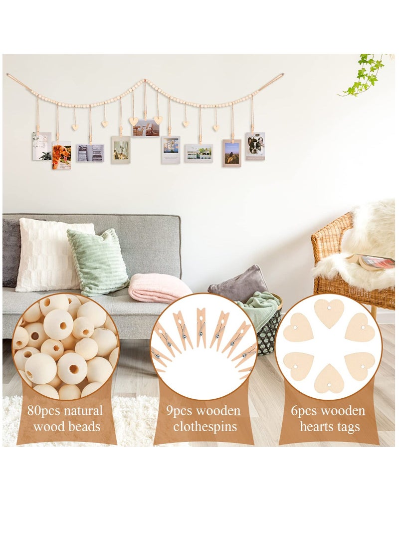 Hanging Photo Display Room Wall Decor, Boho Collage Picture Frame Cards Holder, Photo Hanger with 9 Wood Clips and 6 Wooden Hearts Tags for Home, Bedroom, Office, Nursery, Dorm Decor  - Image 2