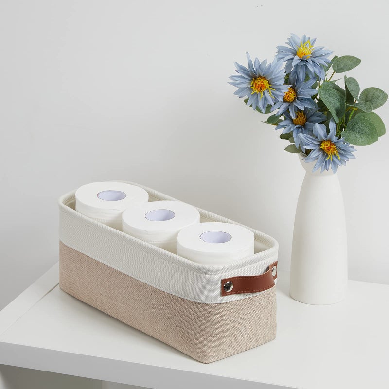 DULLEMELO 2-Pack Bathroom Baskets for Toilet, Small Storage Bins for Organizing Closets, Cabinets, Shelves, Canvas Fabric Storage Basket Bins With Leather Handles for Empty Gift Basket (White&Khaki) - Image 4