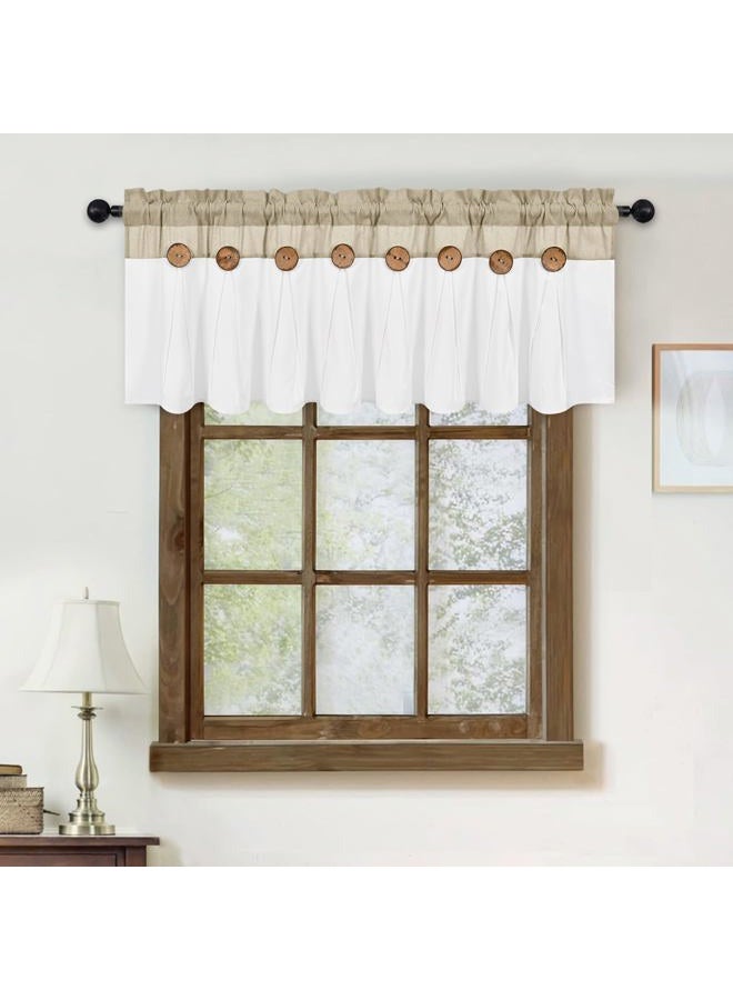 FRAMICS Farmhouse Valance Curtains, Boho Cotton Linen Kitchen Valance, Rustic Button Window Valances for Kitchen, Country Rod Pocket Valances for Windows Bathroom, Linen and White, 52 x 18 Inch - Image 3