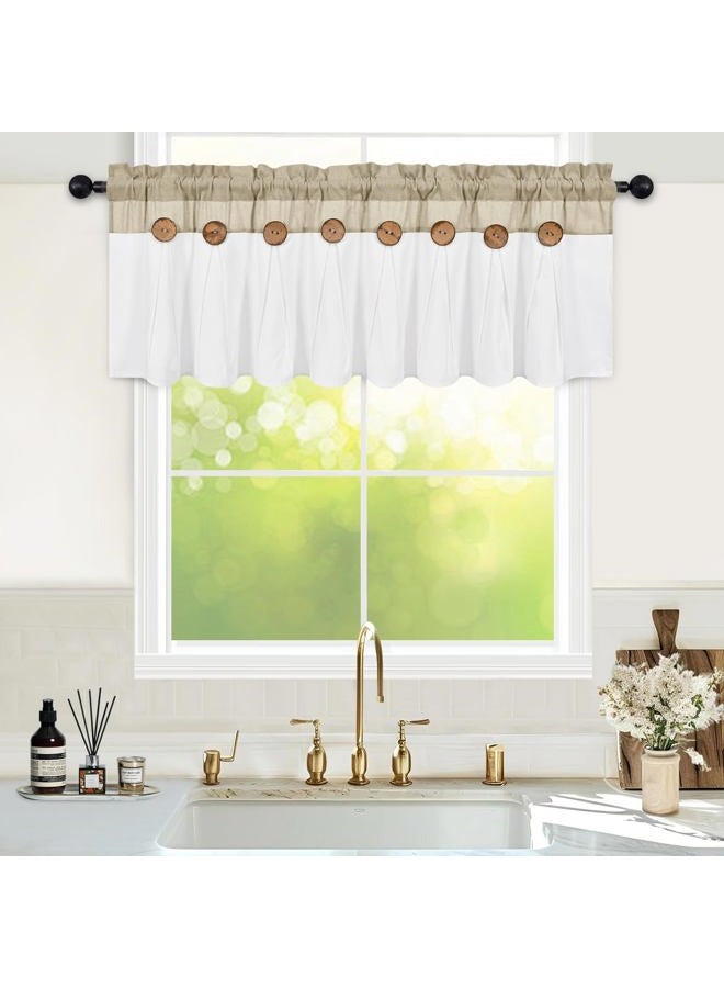 FRAMICS Farmhouse Valance Curtains, Boho Cotton Linen Kitchen Valance, Rustic Button Window Valances for Kitchen, Country Rod Pocket Valances for Windows Bathroom, Linen and White, 52 x 18 Inch - Image 2
