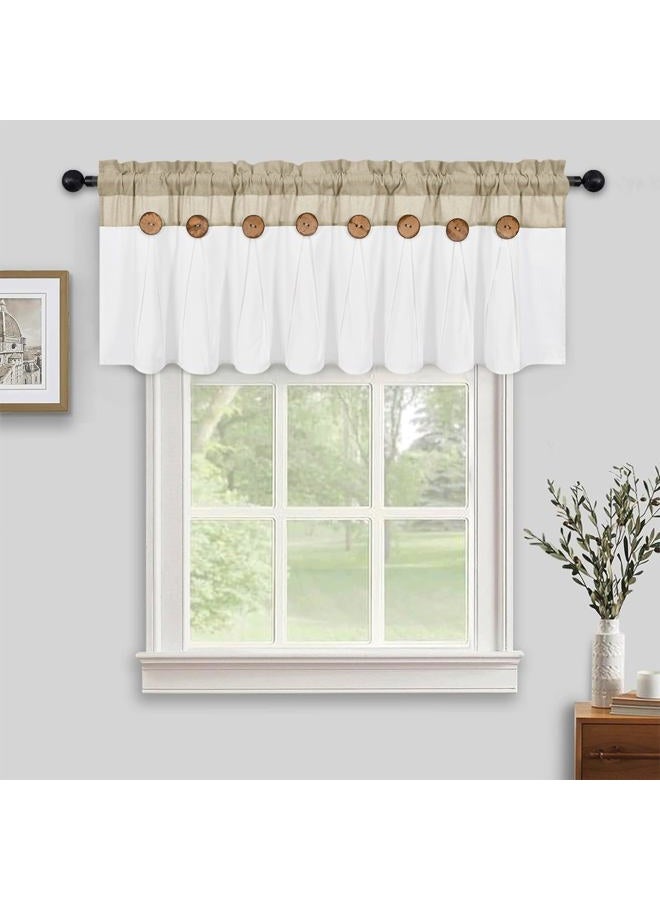 FRAMICS Farmhouse Valance Curtains, Boho Cotton Linen Kitchen Valance, Rustic Button Window Valances for Kitchen, Country Rod Pocket Valances for Windows Bathroom, Linen and White, 52 x 18 Inch - Image 1