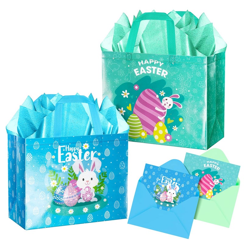 Jaywayang 2Pcs 12.6" Happy Easter Gift Bags with Tissue Paper, Envelope and Card, Reusable Non-Woven Bag with Handles for Kids Easter Party Supplies (Blue, Cyan) - Image 1
