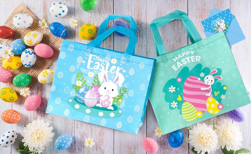 Jaywayang 2Pcs 12.6" Happy Easter Gift Bags with Tissue Paper, Envelope and Card, Reusable Non-Woven Bag with Handles for Kids Easter Party Supplies (Blue, Cyan) - Image 5