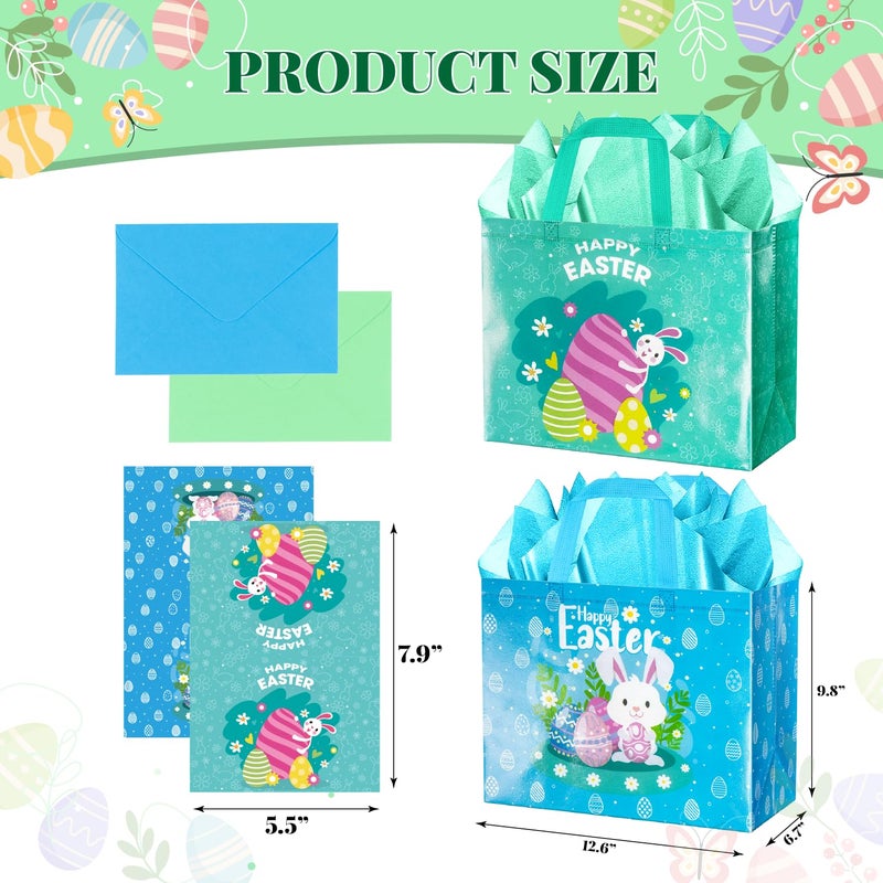 Jaywayang 2Pcs 12.6" Happy Easter Gift Bags with Tissue Paper, Envelope and Card, Reusable Non-Woven Bag with Handles for Kids Easter Party Supplies (Blue, Cyan) - Image 2
