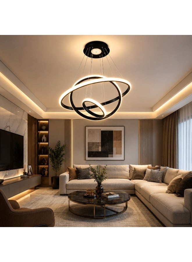 نجفة مودرن LED ذكية 3 حلقات - ريموت كنترول + تحكم بالموبايل - سماعة بلوتوث - 4 أوضاع إضاءة - لون أسود - Image 1