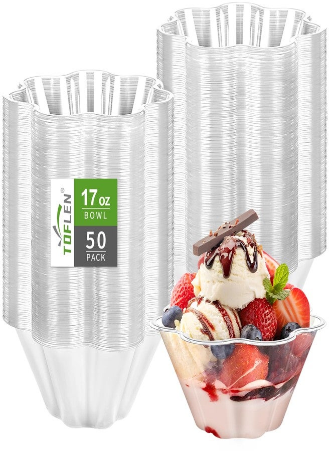 TOFLEN 17 oz Clear Plastic Bowls, 50 Pack Flower Shaped Disposable Hard Plastic Party Bowls for Ice Cream, Dessert, Salad, Fruit, Parfait, Snack - Image 1