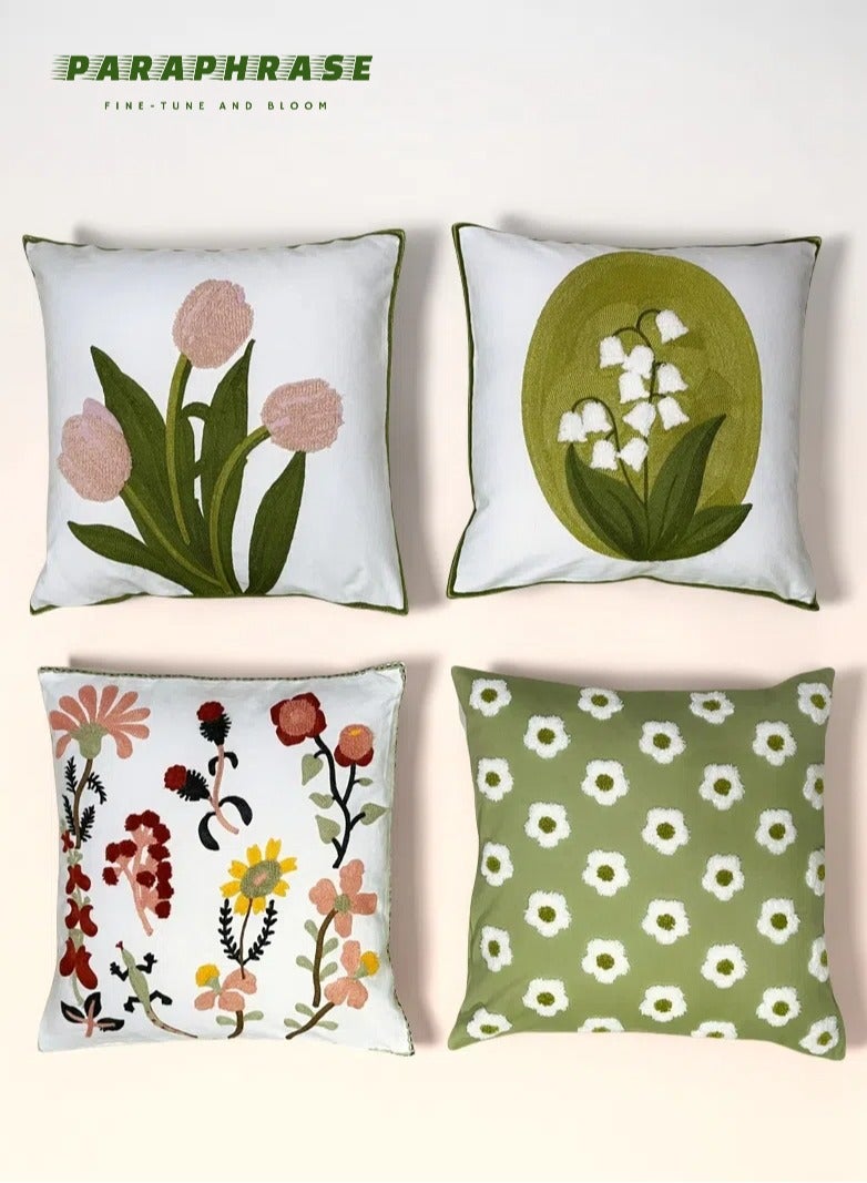 Paraphrase Floral Embroidered Decorative Throw Pillow Covers 45cm x 45cm, Set of 4, Luxurious Home Decor for Living Room Bedroom, Pink Tulip, Lily of the Valley, Assorted Colorful Flowers - Image 1