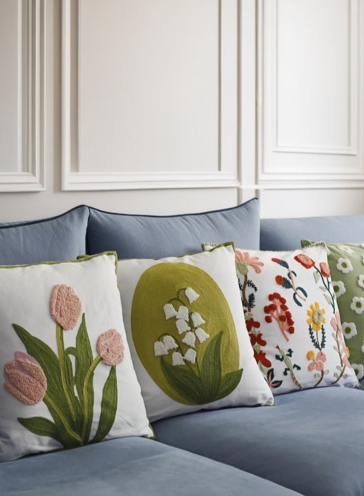 Paraphrase Floral Embroidered Decorative Throw Pillow Covers 45cm x 45cm, Set of 4, Luxurious Home Decor for Living Room Bedroom, Pink Tulip, Lily of the Valley, Assorted Colorful Flowers - Image 2