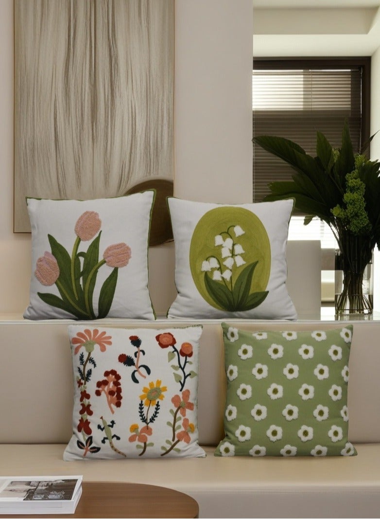 Paraphrase Floral Embroidered Decorative Throw Pillow Covers 45cm x 45cm, Set of 4, Luxurious Home Decor for Living Room Bedroom, Pink Tulip, Lily of the Valley, Assorted Colorful Flowers - Image 3