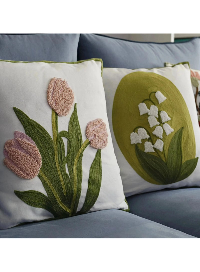 Paraphrase Floral Embroidered Decorative Throw Pillow Covers 45cm x 45cm, Set of 4, Luxurious Home Decor for Living Room Bedroom, Pink Tulip, Lily of the Valley, Assorted Colorful Flowers - Image 4