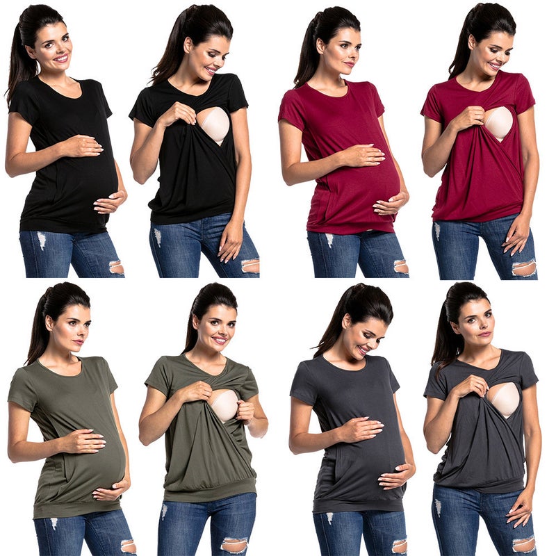 New Round Neck Short Sleeve Maternity Fashion Breastfeeding T-Shirt - Image 3