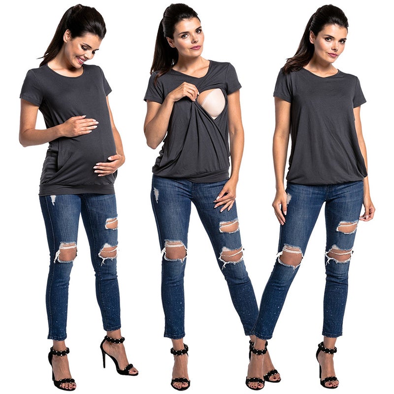 New Round Neck Short Sleeve Maternity Fashion Breastfeeding T-Shirt - Image 5