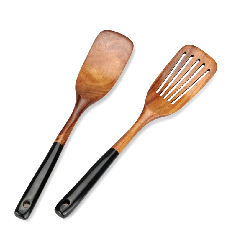 Movni Acacia Wood Long Handle Spatula and Slotted Spoon Set, Black, 2 Piece, for Non Stick Cookware - Image 4