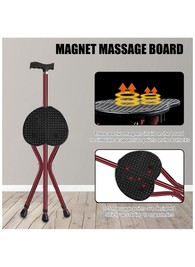 XiuWoo Folding Canes with Seat Walking Stick Height Adjustment Cane Seat Capacity Frosted Handle with Magnetic Therapy Massage Crutches Stool,Red - Image 4