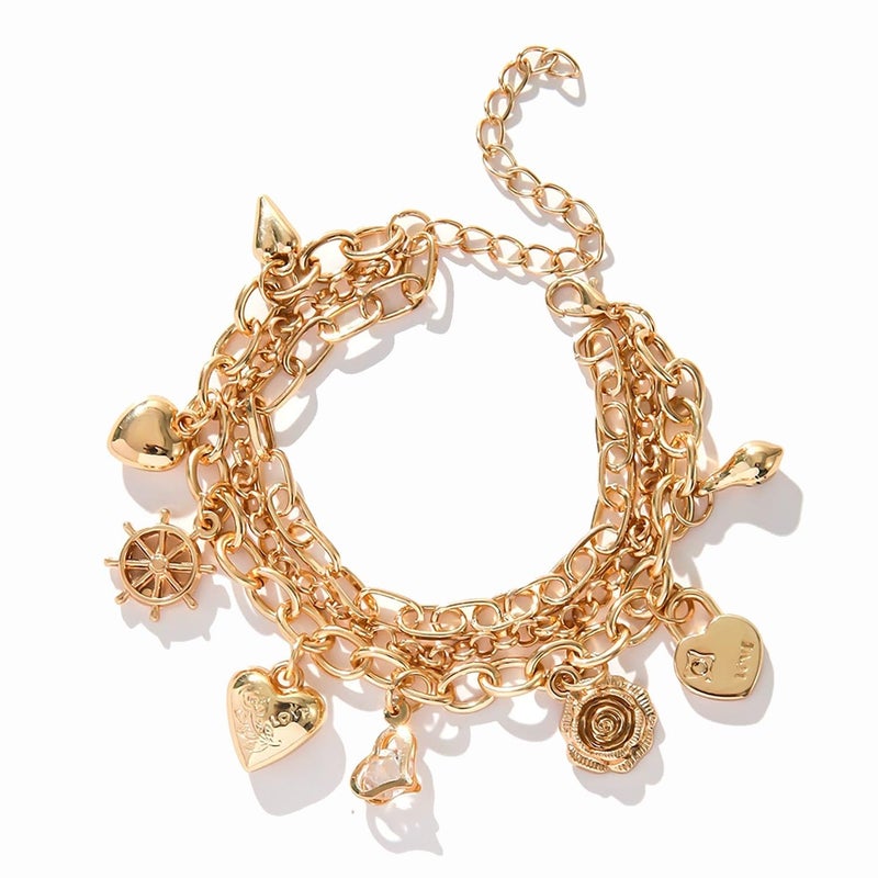 GLMOCM Gold Charm Bracelet for Women 14K Gold Layered Stackable Link Bracelet Set Chunky Heart Charm Bracelets Birthday Jewelry Gift for Women (B) - Image 1