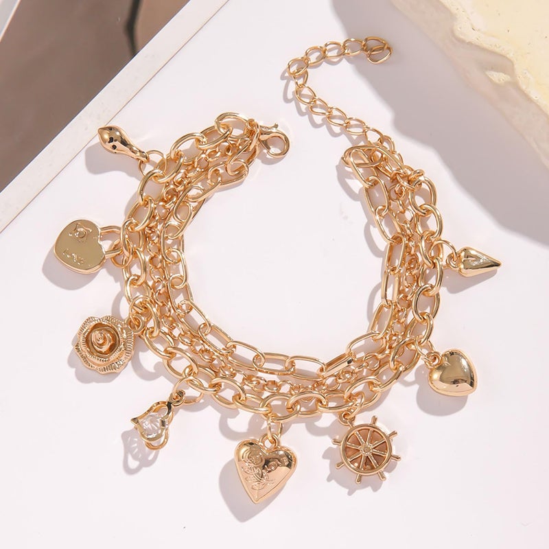 GLMOCM Gold Charm Bracelet for Women 14K Gold Layered Stackable Link Bracelet Set Chunky Heart Charm Bracelets Birthday Jewelry Gift for Women (B) - Image 2