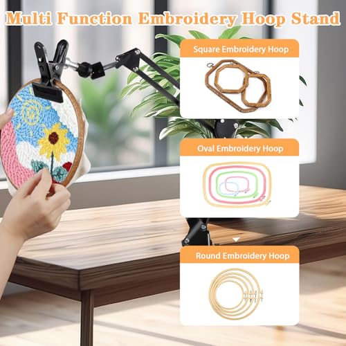 Cheloment Adjustable Hand Embroidery Hoop Stand,Black Cross Stitch Hoop Holder with 360° Rotation,3-in-1 Hoop/Tablet/Phone Stand Hand Free,Needlepoint Hoop Stand,Cross Stitch Stand Suitable for Embroidery Hoops - Image 2