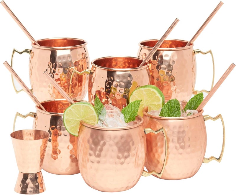 Kitchen Science [Gift Set] Moscow Mule Copper Mugs Set of 6 (16oz) w/Straws & Jigger | 100% Pure Copper Cups, Tarnish-Resistant Food Grade Lacquered Finish, Ergonomic Handle (No Rivet) w/Solid Grip - Image 2