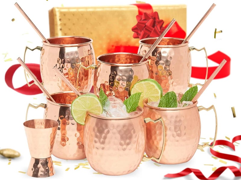 Kitchen Science [Gift Set] Moscow Mule Copper Mugs Set of 6 (16oz) w/Straws & Jigger | 100% Pure Copper Cups, Tarnish-Resistant Food Grade Lacquered Finish, Ergonomic Handle (No Rivet) w/Solid Grip - Image 1