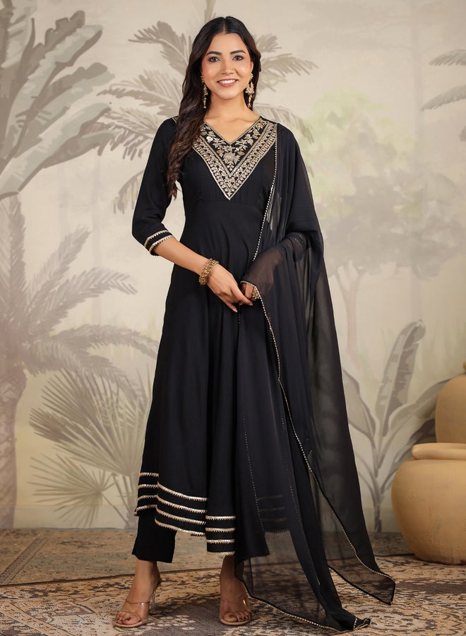 Janasya Embroidered Anarkali Kurta with Dupatta Set - Image 1