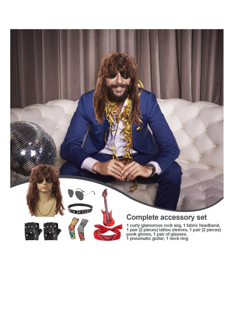 Excefore 80s Rocker Costume For Men, Hippie Wig Rocker Fancy Dress Accessories, 9 Pcs 70s 80s Hippie Wig With Bandana Sunglasses Gloves Sleeves Guitar Props, For Punk Party Accessories  - Image 3