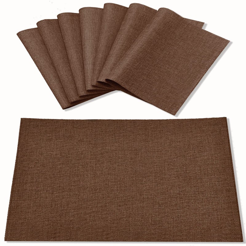 Rinpon Linen Placemats Set of 8 Machine Washable Heat Resistant Wrinkle Free Thick Polyester Kitchen Place Mats for Dining Table Dark Brown
