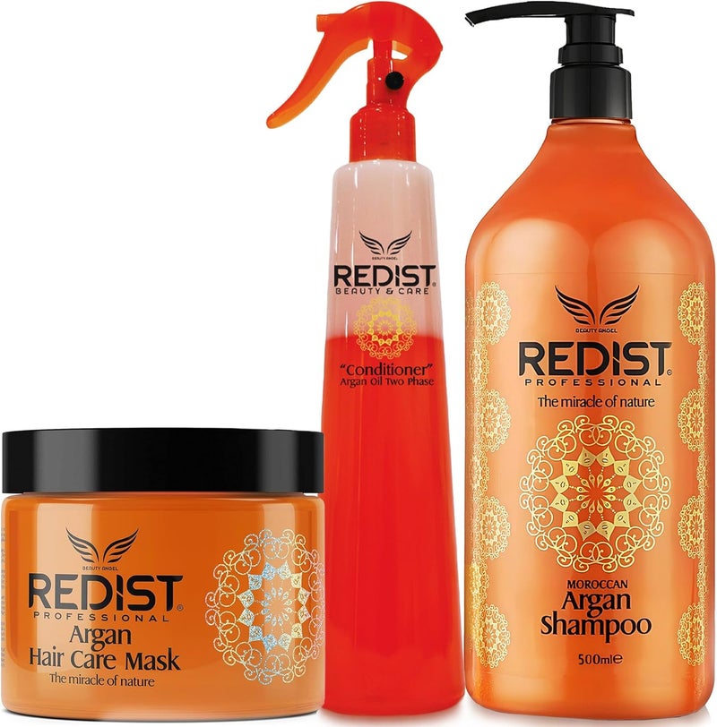 Redist Moroccan Argan Shampoo 500ml Hair Mask 500ml Conditioner 400ml Repairs Strengthens Restores Shine Anti Dandruff Scalp Moisturiser Natural Floral Scent Hair Care Set