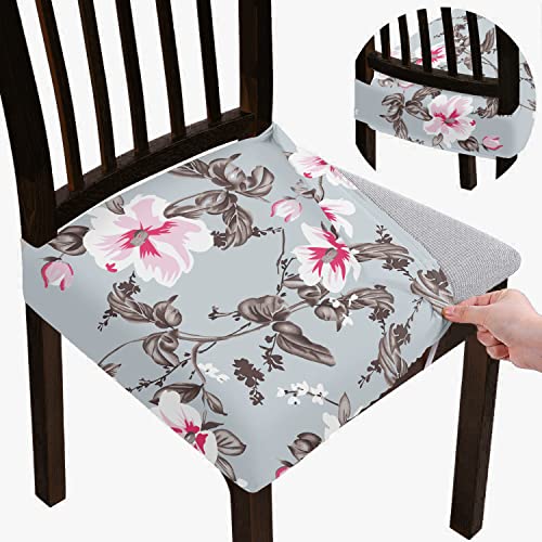 BRIDA Stretchable Floral Geometric Printed Dining Chair Seat Covers Elastic Chair Seat Case Protector, Slipcovers (Grey Pink, 6 Seat Cover) - Image 1