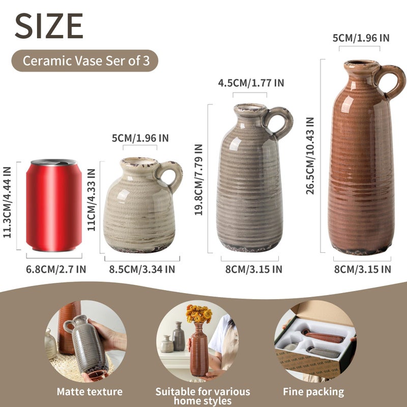 ooit Ceramic Vases Set of 3, Neutral Rustic Farmhouse Vase with Handle, Decorative Flower Vases Home Decor Modern Boho Pampass Vase for Table Mantel Entryway Shelf Living Room Kitchen Bathroom - Brown - Image 2