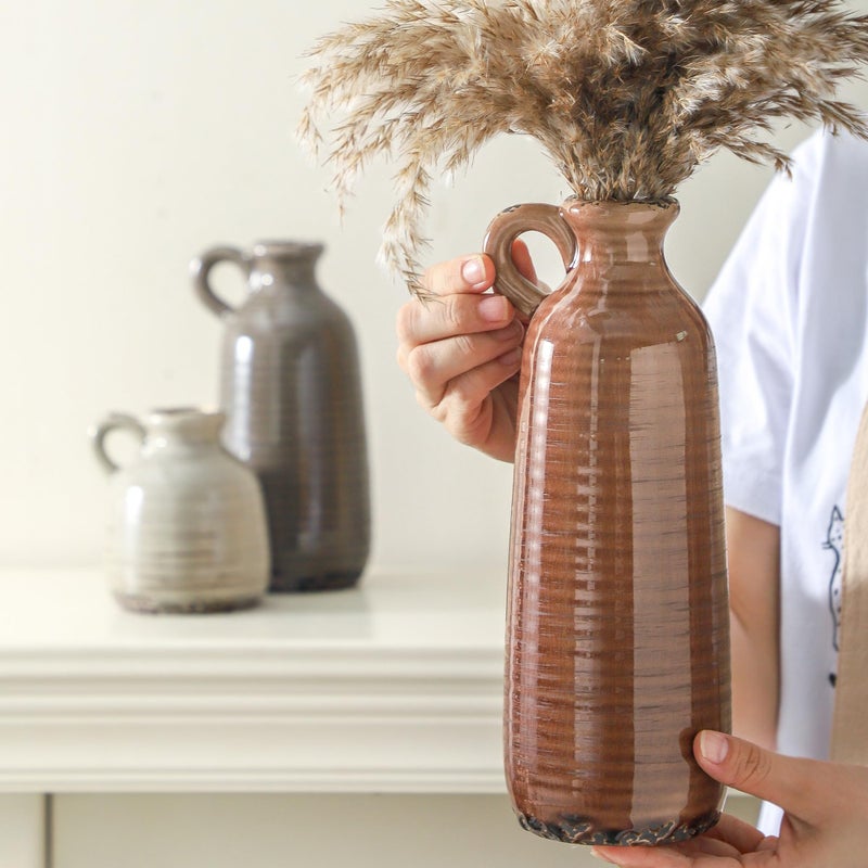 ooit Ceramic Vases Set of 3, Neutral Rustic Farmhouse Vase with Handle, Decorative Flower Vases Home Decor Modern Boho Pampass Vase for Table Mantel Entryway Shelf Living Room Kitchen Bathroom - Brown - Image 4