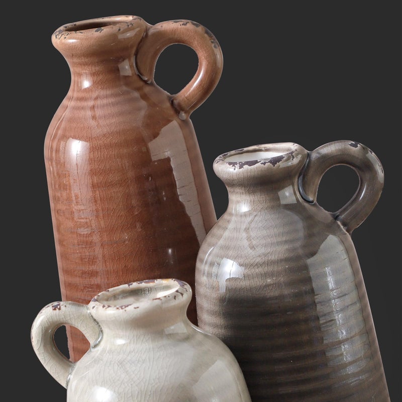 ooit Ceramic Vases Set of 3, Neutral Rustic Farmhouse Vase with Handle, Decorative Flower Vases Home Decor Modern Boho Pampass Vase for Table Mantel Entryway Shelf Living Room Kitchen Bathroom - Brown - Image 3