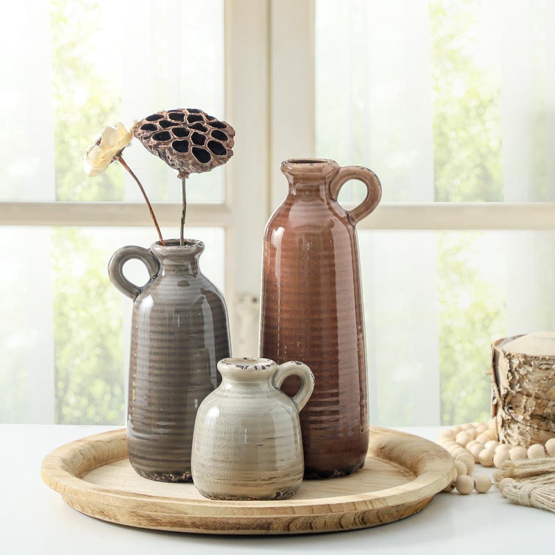 ooit Ceramic Vases Set of 3, Neutral Rustic Farmhouse Vase with Handle, Decorative Flower Vases Home Decor Modern Boho Pampass Vase for Table Mantel Entryway Shelf Living Room Kitchen Bathroom - Brown - Image 5