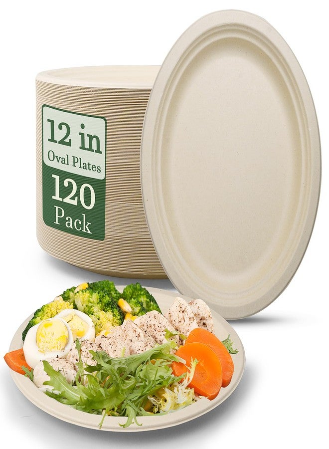 KisSealed 120 Pack Compostable Oval Disposable Plates,Bulk Heavy Duty Paper Plates 12 Inch,Eco Friendly Biodegradable Sugarcane Fiber Dinner Plates for BBQ, Party, Gathering, and Picnic - Image 1