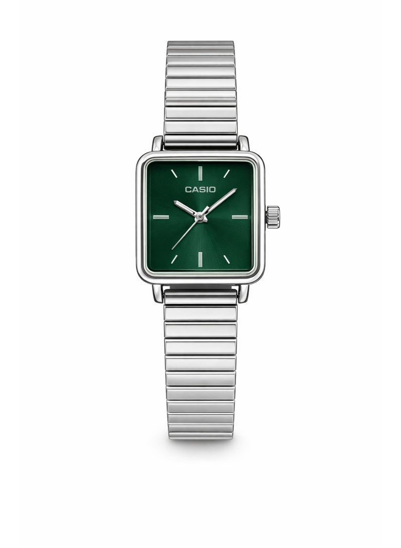 Casio Women’s Analog Watch – Silver Stainless Steel Square Case with Green Dial