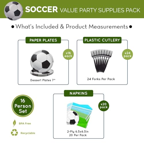 Blue Orchards Soccer Value Party Supplies Pack 60 Pieces for 16 Guests Soccer Party Decorations Sports Themed Birthday Party Supplies Soccer Ball Party Supplies Soccer Plates and Napkins - Image 5