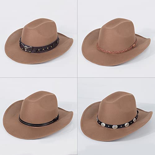 Qlauca 2 Pack Western Cowboy Hats for Women and Men Classic Felt Wide Brim Costume Cow Boy Hat Roll Up Brim Cowgirl Hat White Khaki - Image 3