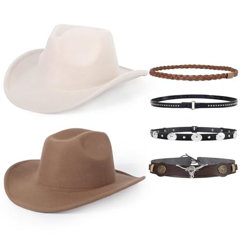 Qlauca 2 Pack Western Cowboy Hats for Women and Men Classic Felt Wide Brim Costume Cow Boy Hat Roll Up Brim Cowgirl Hat White Khaki - Image 1