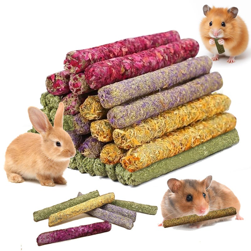 Jorewood 33 Pcs Rabbit Chew Sticks, Rabbit, Guinea Pig Toys, Natural Timothy Grass Molar Teeth Stick, Mixing Natural Flowers Chewing Toy, Small Animals Treats - Image 1