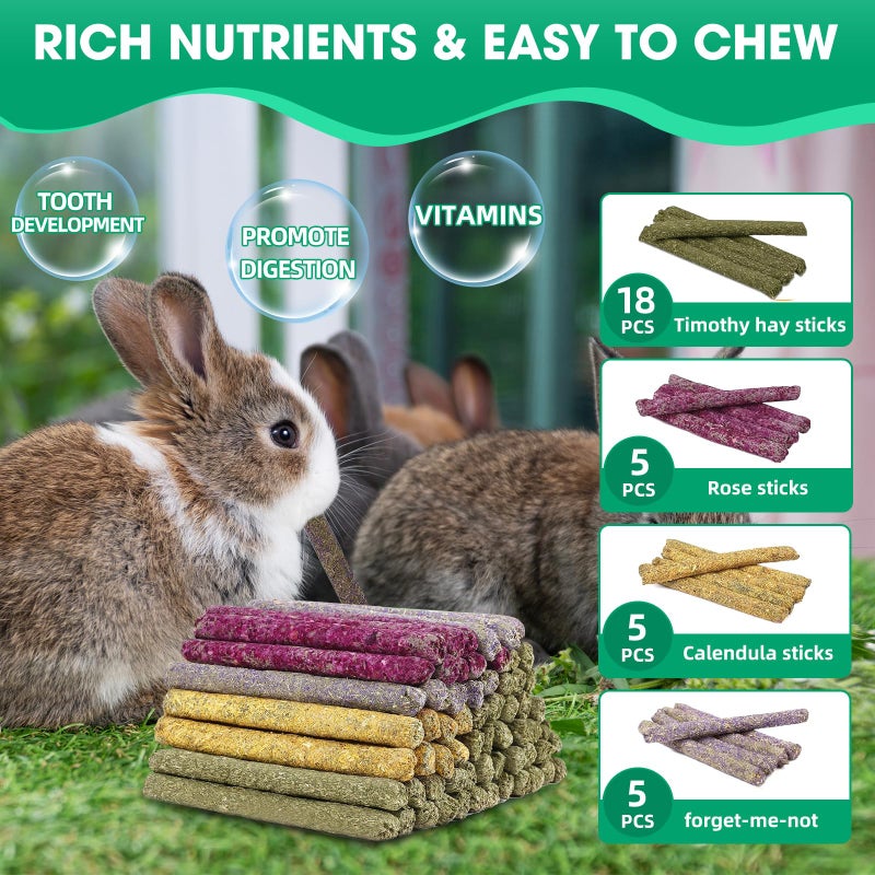Jorewood 33 Pcs Rabbit Chew Sticks, Rabbit, Guinea Pig Toys, Natural Timothy Grass Molar Teeth Stick, Mixing Natural Flowers Chewing Toy, Small Animals Treats - Image 2
