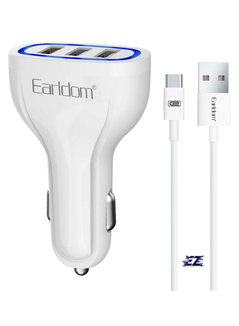 ELTRAZONE Car Socket Charger 3xUSB, QC3.0 & Type-C Cable – Fast Charging for iPhone, Android, and Devices, White - Image 1