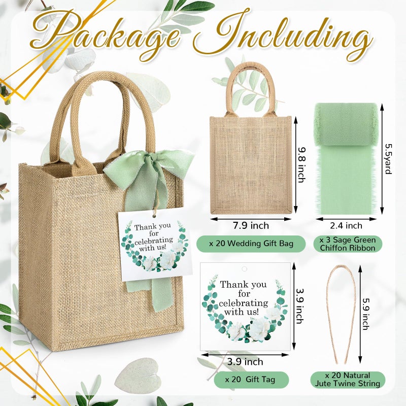 GliCraft GliCraft 20 Pack Burlap Tote Bags with Handles Reusable Jute Gift Bags Thank You Gift Tags Chiffon Silk Ribbons for Wedding Invitations Parties and Baby Showers Bridesmaid Gifts Wrapping (Sage Green)  - Image 2