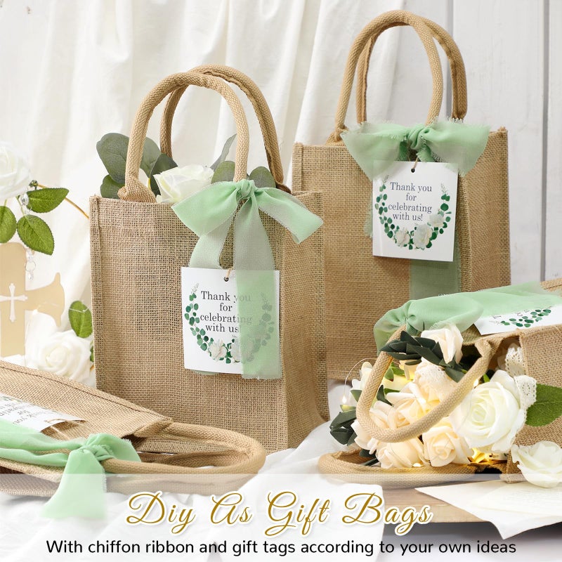 GliCraft GliCraft 20 Pack Burlap Tote Bags with Handles Reusable Jute Gift Bags Thank You Gift Tags Chiffon Silk Ribbons for Wedding Invitations Parties and Baby Showers Bridesmaid Gifts Wrapping (Sage Green)  - Image 4